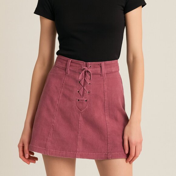 Forever 21 A Line Lace-Up Denim Mini Skirt Back Zip Closure Dark Pink XS - Picture 1 of 10